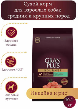 Скидка 50%!!! Гранплюс сухой корм для взрослых собак средних и крупных пород индейка и рис, 10,1 кг