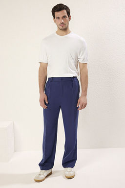 Lacivert Wideleg Baggy Rahat Kal_p Dokuma Kuma_ Pantolon TMNSS25PL00007