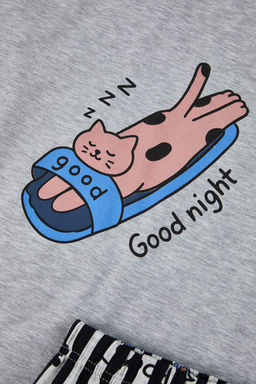 Gri Melanj Regular Fit Kedi Bask?l? Pamuklu Orme Pijama Tak?m? TMNAW26PT00046 - Trendyolmilla фото 3