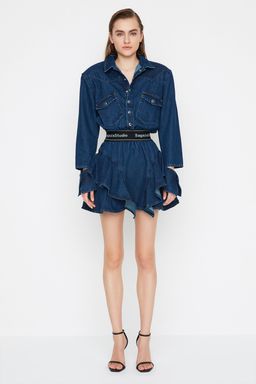 Trendyolmilla Mavi A-Kesim Gomlek Yaka Denim K?sa Elbise TPRAW22EL1989
