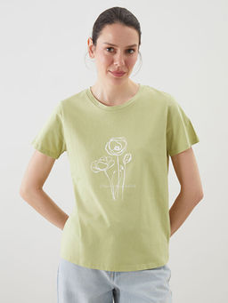 Bisiklet Yaka Bask?l? Penye Kad?n Ti??rt