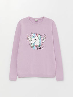 Bisiklet Yaka Bask?l? Uzun Kollu K?z ?ocuk Triko Kazak