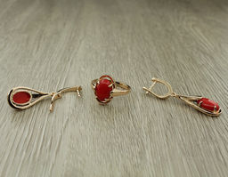 Комплект "Кира-19", коралл, покрытие под золото, размеры кольца: 17, 18, 19, 20