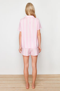 Pembe Cizgili Biye Detayl? Viskon Sortlu Dokuma Pijama Tak?m? THMSS24PT00279
