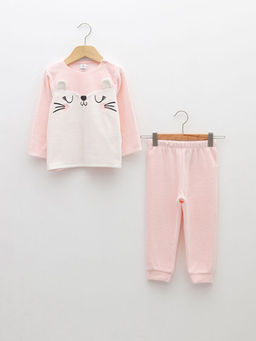 Bisiklet Yaka Uzun Kollu Bask?l? Kadife K?z Bebek Pijama Tak?m?