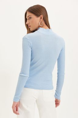 Mavi Fitted/Vucuda Oturan Dik Yaka Uzun Kol Fitilli Esnek Orme Bluz TWOAW21BZ0423