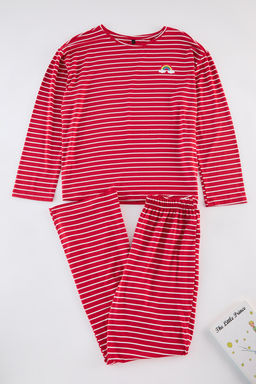 Trendyolmilla Lacivert Cizgili Gokkusag? Bask?l? Viskon Orme Pijama Tak?m? THMAW25PT00014