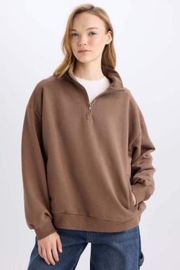 Oversize Genis Kal?p Fermuarl? Dik Yaka Cepli Basic Duz Kal?n Sweatshirt - Defacto фото 4