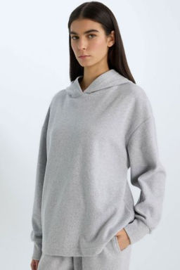 Relax Fit Kapusonlu Basic Duz Sweatshirt