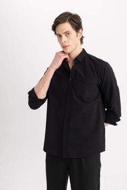 Оксфордская рубашка с воротником поло и длинным рукавом стандартного кроя - Defacto фото 3