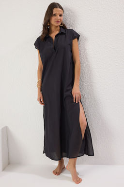 Siyah Dokuma %100 Pamuk Plaj Midi Elbise TBESS25EL00106