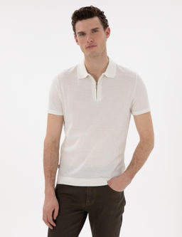 Ekru Slim Fit Fermuarl_ Polo Yaka Triko Kazak
