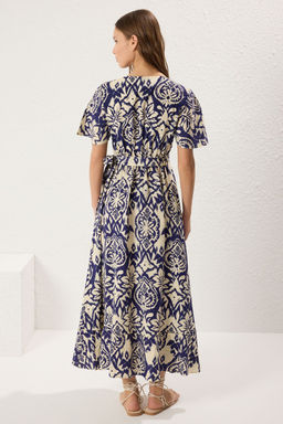 Lacivert Kusakl? Sal Desenli Anvelop Kapamal? Midi Dokuma Elbise TWOSS25EL00141