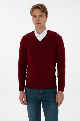 Erkek Slim Fit V Yaka Bordo Basic Kazak