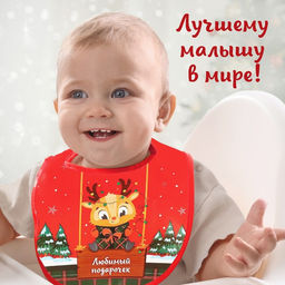 Нагрудник для кормления новогодний Любимый подарочек, красная клетка, непромокаемый на липучке, с карманом, Крошка Я
