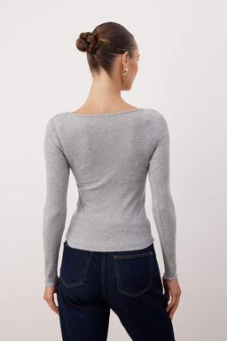 Kahverengi-Gri Melanj 2li Paket V Yaka Fitted/Vucuda Oturan Pamuklu Esnek Orme Bluz TWOAW24BZ00068