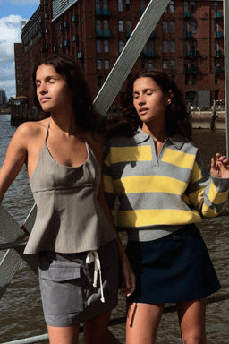 STRIPED KNIT POLO COLLAR SWEATER