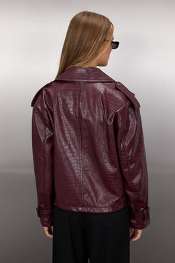 Bordo Regular Kal?p Suni Deri Biker Ince Ceket Mont TWOAW26MO00003 - Trendyolmilla фото 4