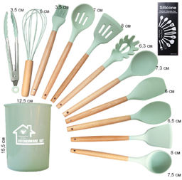 Кухонный набор 12 предметов в подставке/ KNA-104-1 /уп 16/ приборы силикон/дерево /0.960/бирюзовый
