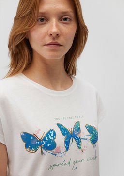 Kelebek Bask?l? Beyaz Tisort - Mavi фото 5