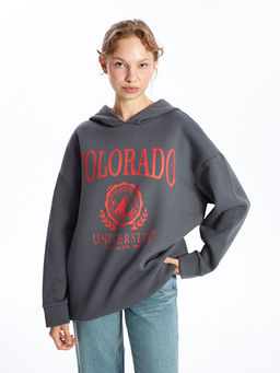 Kap??onlu Bask?l? Oversize Kad?n Kal?n Sweatshirt Tunik