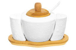 Набор - сахарница 300 мл 16*10*11 см Снежинки +солонка+перечница на дер.подставке