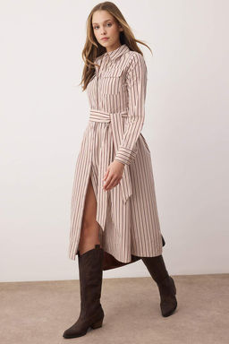 Kahverengi Kusakl? Cizgili Midi Dokuma Gomlek Elbise TWOAW26EL00328 - Trendyolmilla фото 4