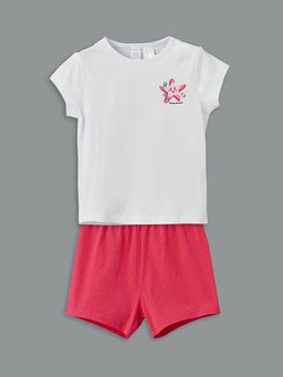 Bisiklet Yaka Bask?l? K?z Bebek Ti??rt ve ?ort 2li