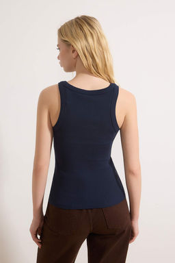 Lacivert Havuz Yaka Regular Boy Fitilli Esnek Vucuda Oturan Orme Atlet TWOSS24AL00060