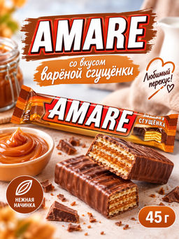Цена за 5 шт. Конф. вафельная "AMARE" с начинкой со вкусом варёной сгущёнки в мол. ш-де, 45 г