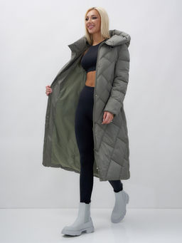 Пальто утепленное стеганное зимнее с капюшоном женское цвета хаки 9612Kh - Mtforce фото 16