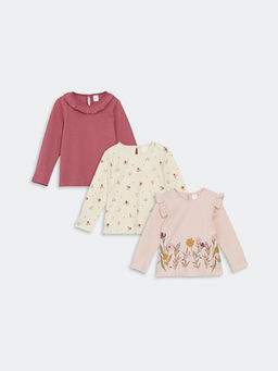 Bisiklet Yaka Uzun Kollu Bask?l? K?z Bebek Ti??rt 3l?