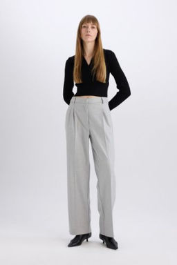 Wide Leg Yuksek Bel Genis Duz Paca Pensli Flanel Pantolon