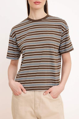 Kahverengi Cizgili Oversize/Genis Kal?p K?sa Kollu Uzun Tok %100 Pamuk Orme T-Shirt TWOSS26TS00055 - Trendyolmilla фото 3