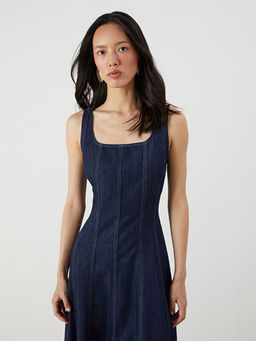 Kare Yaka Mini Jean Elbise