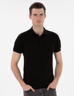 Siyah Slim Fit D__meli Polo Yaka Triko Ti__rt