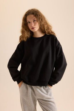 Coool Oversize Genis Kal?p Bisiklet Yaka Basic Duz Kal?n Kumas Siyah Sweatshirt