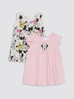 Bisiklet Yaka Minnie Mouse Bask?l? K?z Bebek Elbise 2li