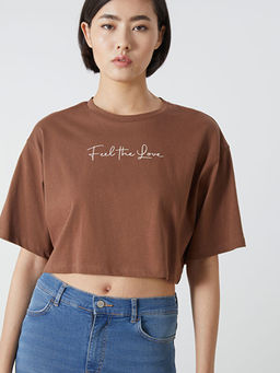 Bisiklet Yaka Bask?l? Kad?n Crop