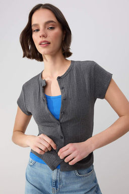 Wardrobe Essentials-Antrasit Fitted/Vucuda Oturan Polo Yaka Fitilli Esnek Orme Bluz TWOSS26BZ00357