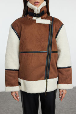 Kahverengi Regular Kal?p Pelus Detayl? Kemerli Biker Ceket Mont TWOAW25MO00049 - Trendyolmilla фото 3