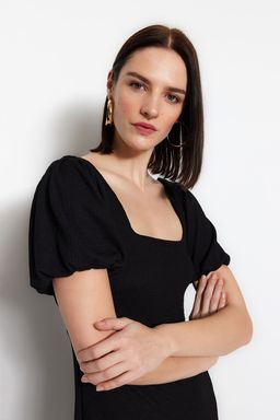 TRENDYOLMILLA Siyah Kare Yaka Balon Kol A-Line Y?rtmac Detayl? Burumcuk/Dokulu Midi Orme Elbise TWOSS23EL01533  фото 5