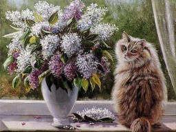 Вышивка крестиком 40х50см, Сирень и кот