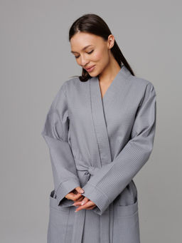 Женский вафельный халат с планкой серый В-02 (20)