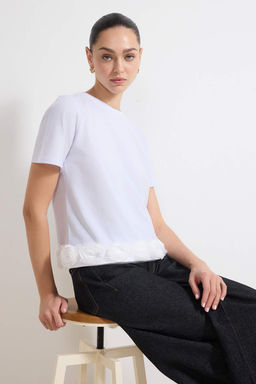 Ekru Regular/Normal Kal?p K?sa Kollu Aksesuar Detayl? Tok %100 Pamuk Orme T-shirt TWOSS26TS00054 - Trendyolmilla фото 2