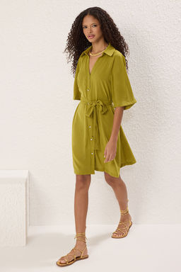 TRENDYOLMILLA Yag Yesil Kusakl? Duz Dugme Detayl? Mini Dokuma Gomlek Elbise TWOSS25EL00436  фото 2