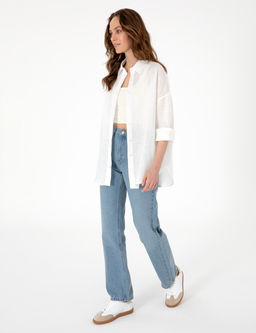 Beyaz Oversize Uzun Kollu %100 Keten G_mlek