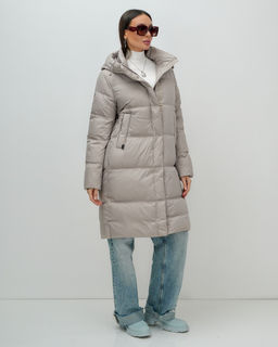 Пальто зимнее утепленное с капюшоном женское бежевого цвета 7618B