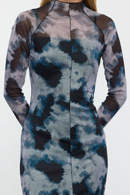 Siyah Soyut Bask?l? Tul Biye Detayl? Fitted/Vucuda Oturan Orme Elbise TWOAW25EL00409 - Trendyolmilla фото 3