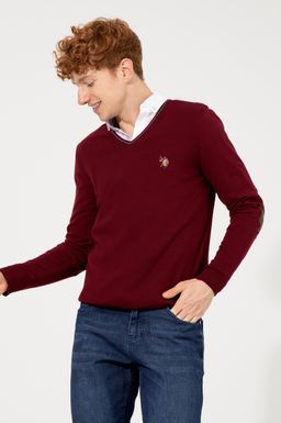 U. S. Polo Assn Мужской базовый трикотажный свитер бордового цвета с v-образным вырезом - U.s. polo assn фото 3